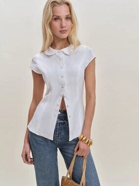 NEW Reformation Molly White Linen Short-Sleeve Button Front Top Shirt US 4 UK 8